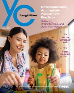 The cover for the spring 2023 edition of Young Children, featuring a child with a teacher.